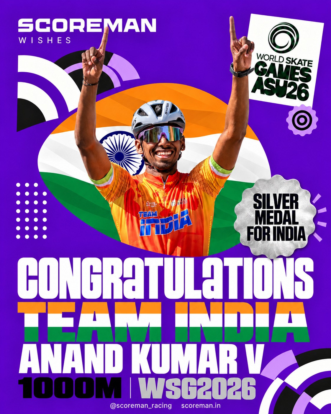 SCOREMAN congratulates Anand Kumar V on silver for India in the WSG 2026 1000 m event.