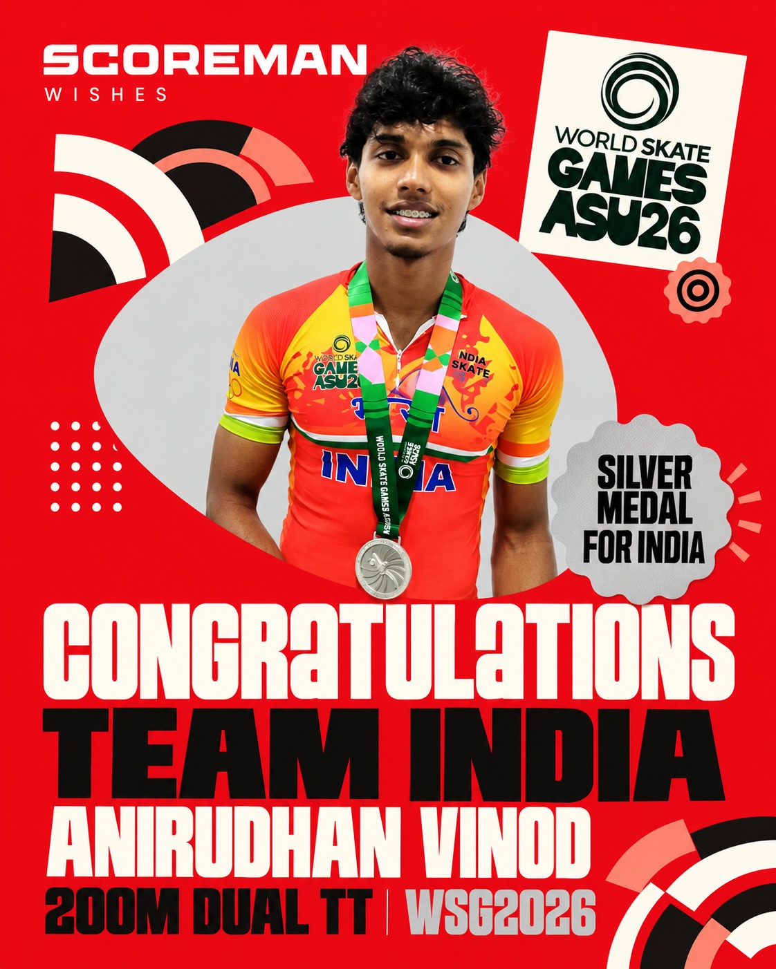 SCOREMAN congratulates Anirudhan Vinod on silver for India in the 200 m Dual TT at WSG 2026.