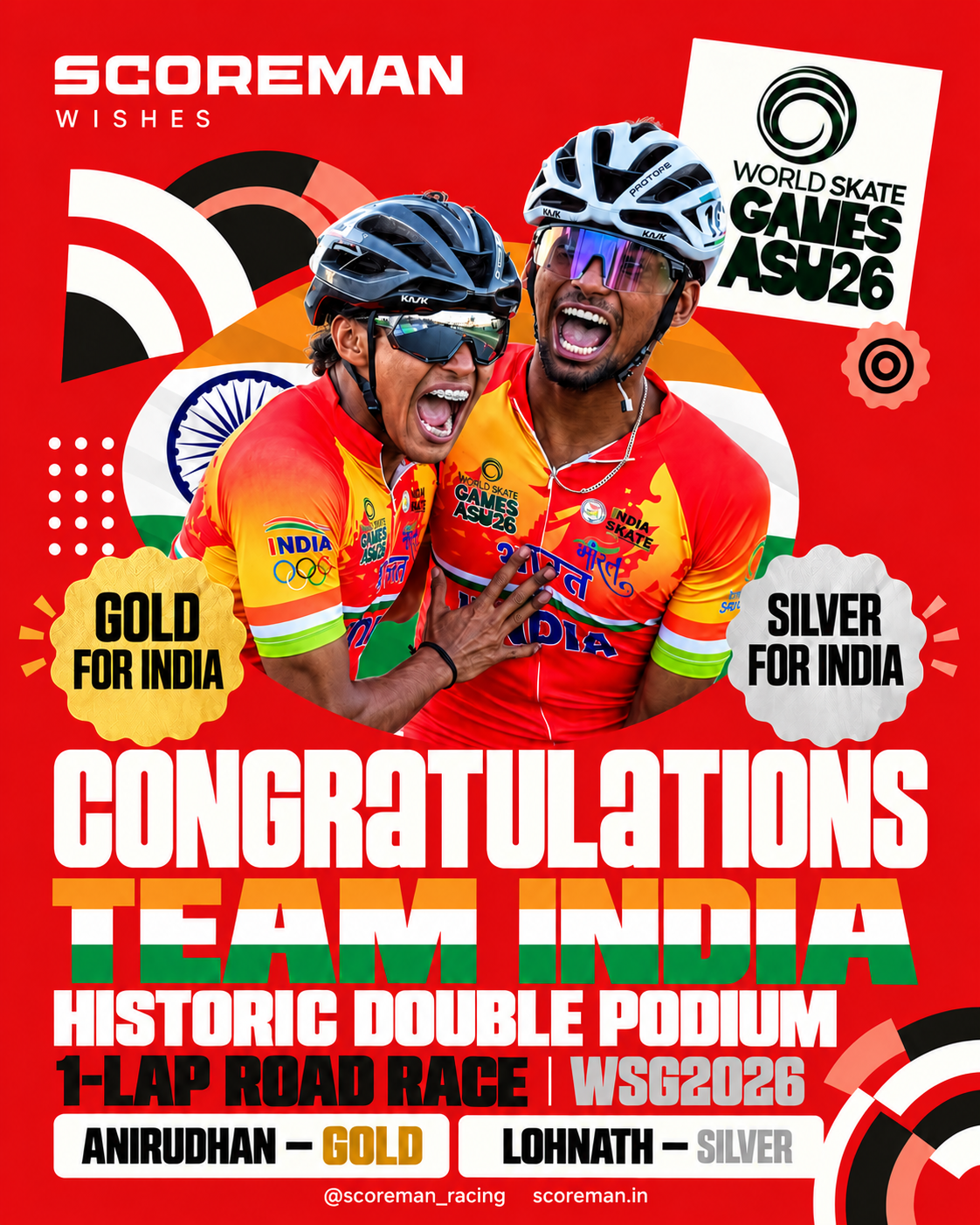 SCOREMAN celebrates Anirudhan’s gold and Lohnath’s silver in the WSG 2026 1-lap road race.